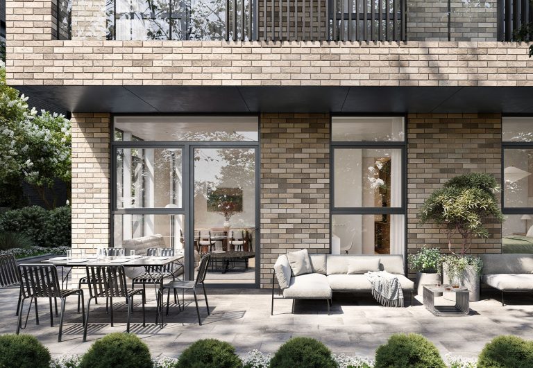 Ground-level patio at boutique concrete condo in Oakridge Vancouver with outdoor seating