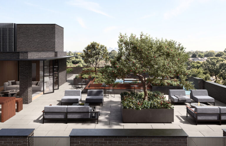 Rooftop terrace with seating and landscaping in Ashleigh Oakridge Vancouver condo amenities