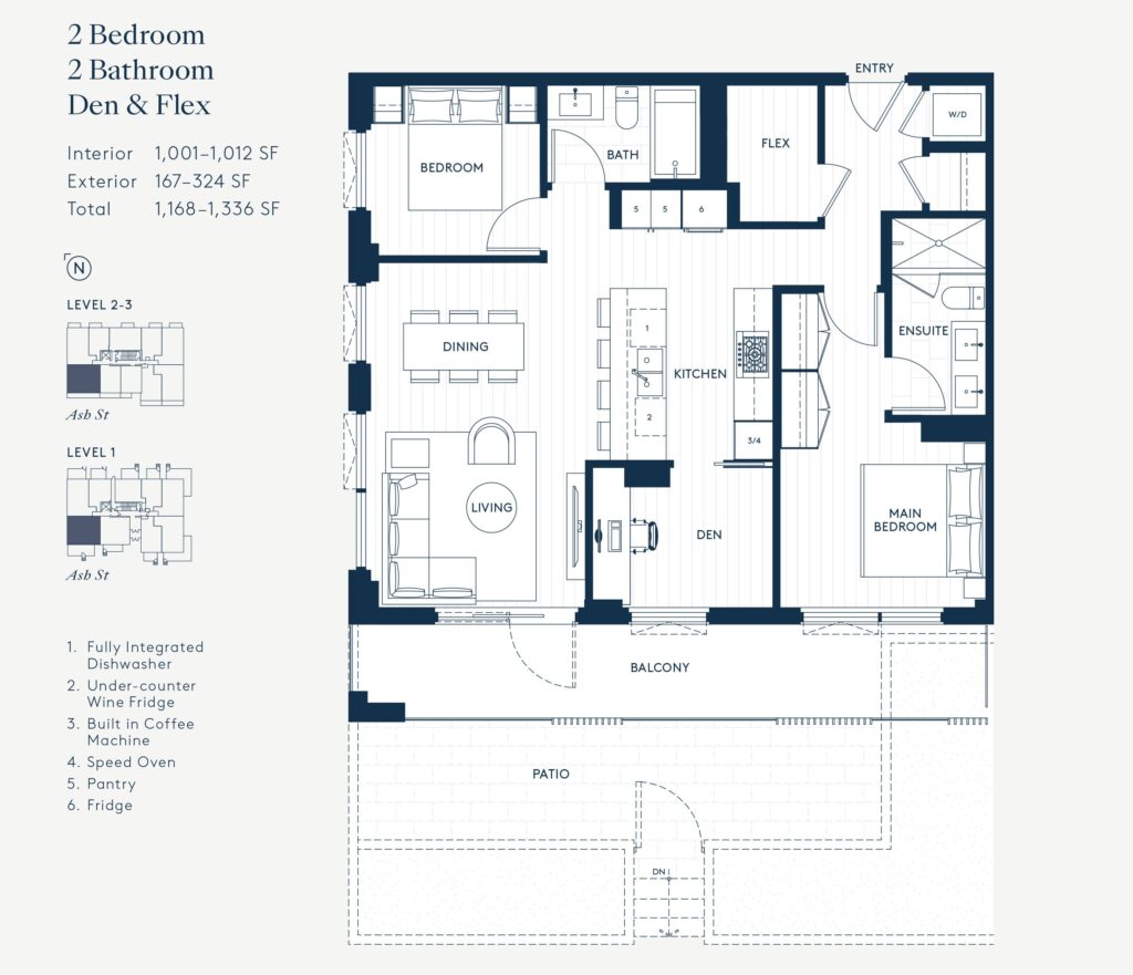 2 bedroom 2 bathroom condo floor plan with den and flex, large balcony and patio, open kitchen and living layout
