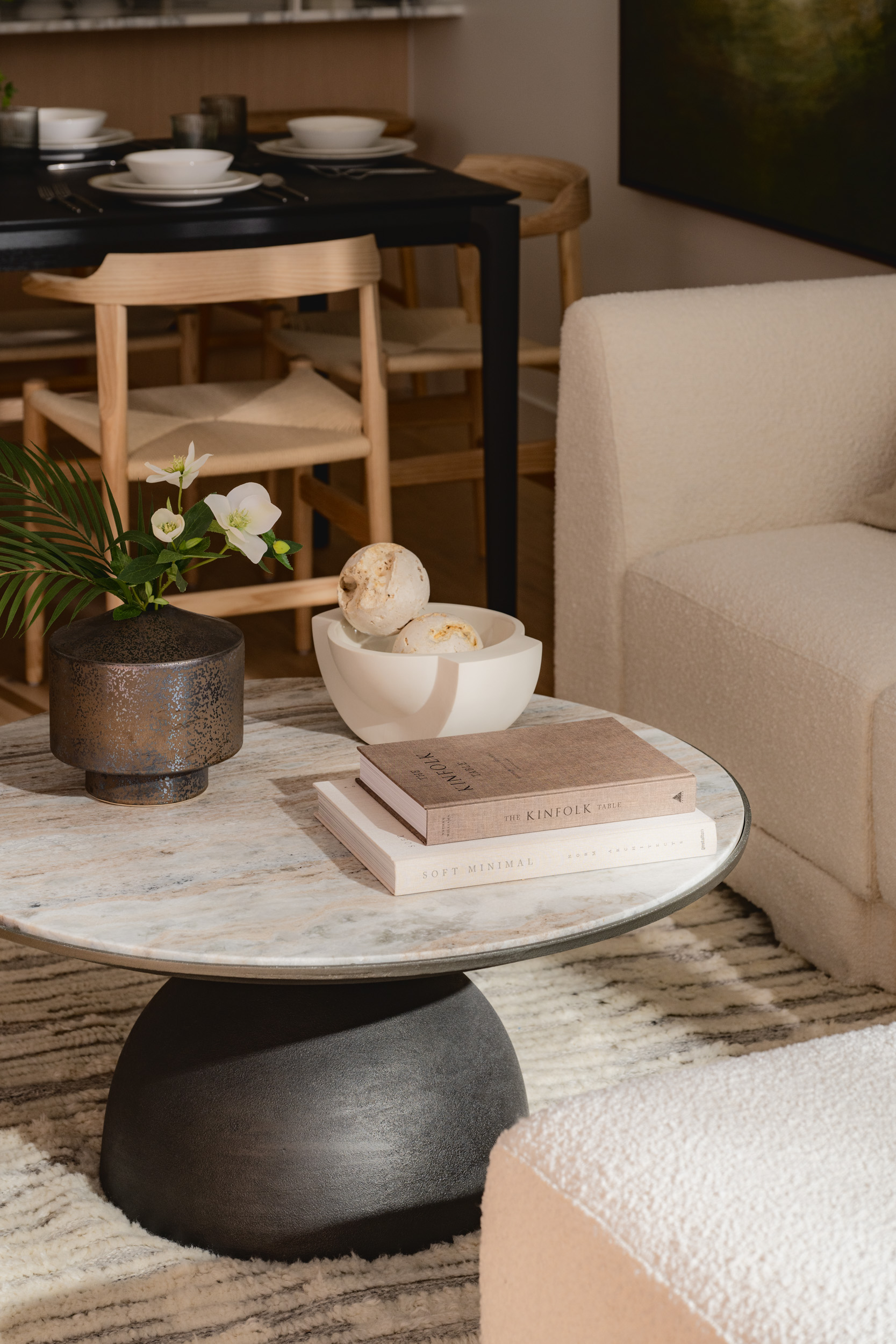 Modern condo living room detail with marble coffee table and styled decor in Oakridge Vancouver