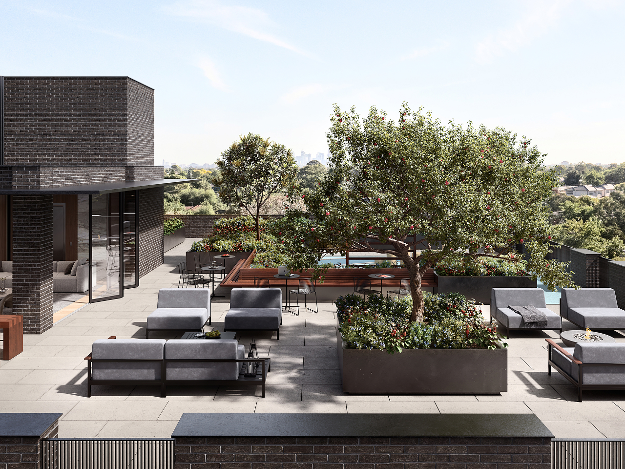Rooftop terrace with seating and landscaping in Ashleigh Oakridge Vancouver condo amenities