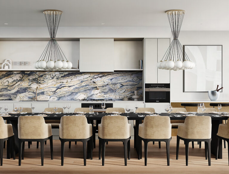Condo lounge with kitchen and dining area in Ashleigh Oakridge Vancouver amenities space
