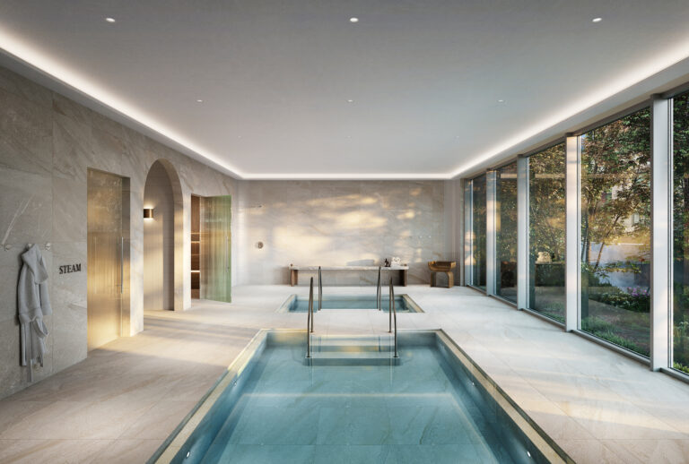 Spa-inspired amenity space with hot and cold plunge pools, steam room, sauna, and floor-to-ceiling windows.