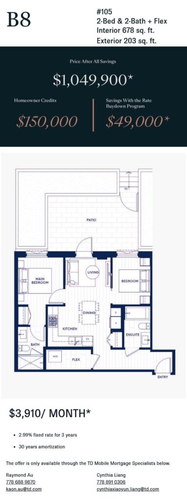 B8 floor plan at Ashleigh featuring a 2-bedroom, 1-bathroom plus flex layout with 678 square feet of interior living space, a 203-square-foot patio, homeowner credits of $150,000, and a 2.99% rate buydown offering additional savings.